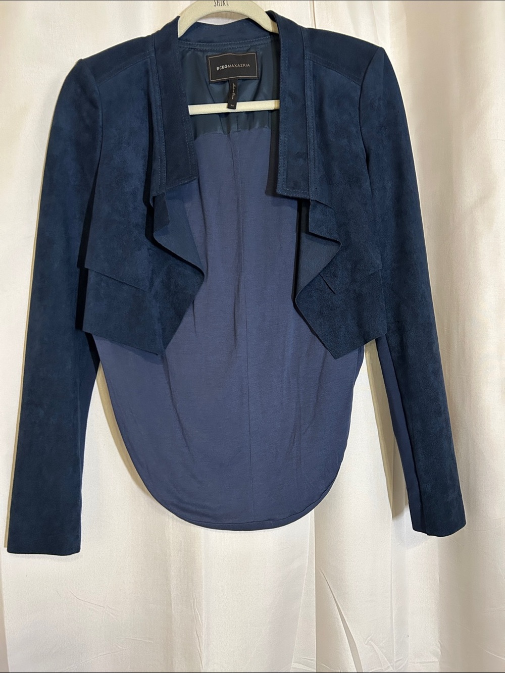 BCBGMAXAZRIA Navy Faux Suede Draped Cowl Back Open Front Jacket western